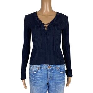 Laundry by Shelli Segal Rib Knit Lace Up Navy Blue Long Sleeve Top Size Small